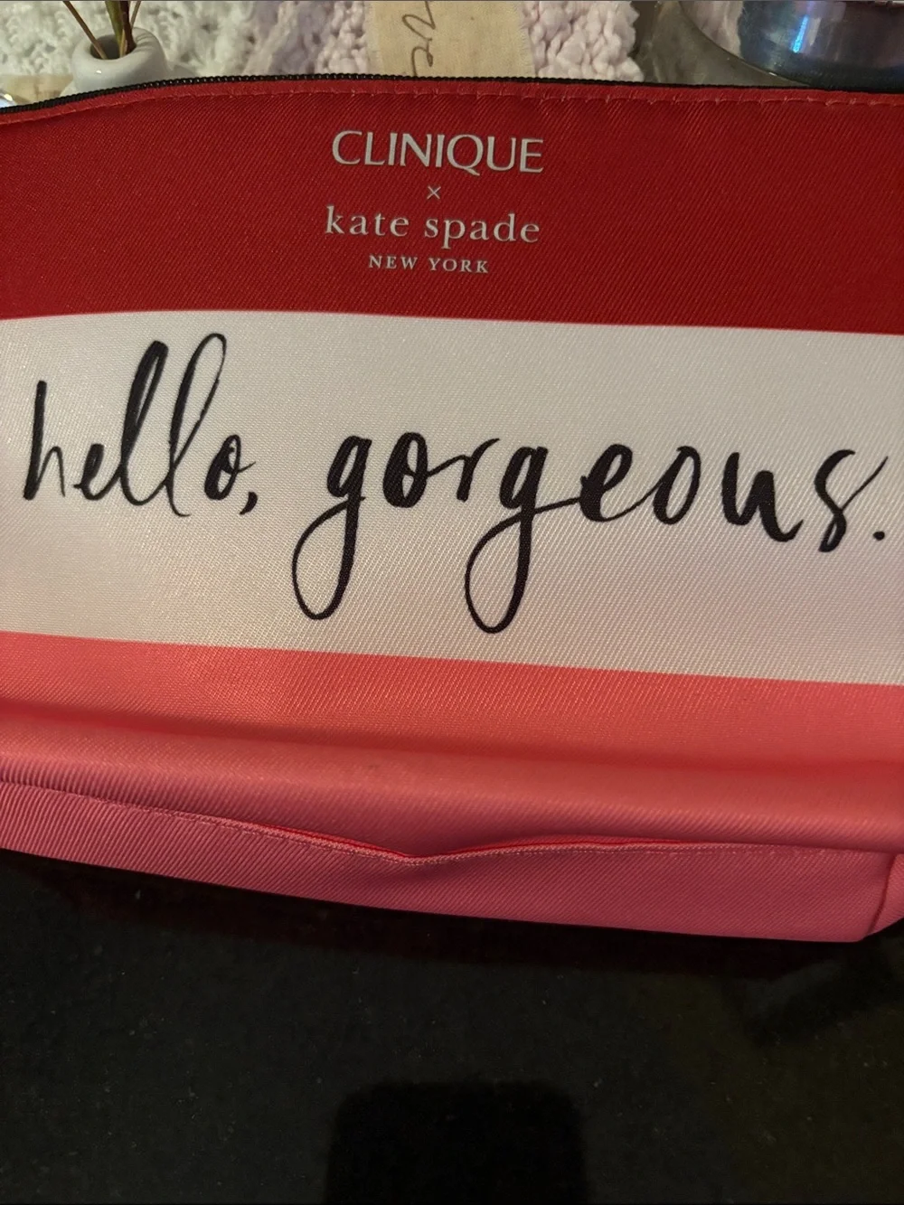 Kate Spade x Clinique Striped Cosmetic Pouch in Red, White & Pink Hello Gorgeous